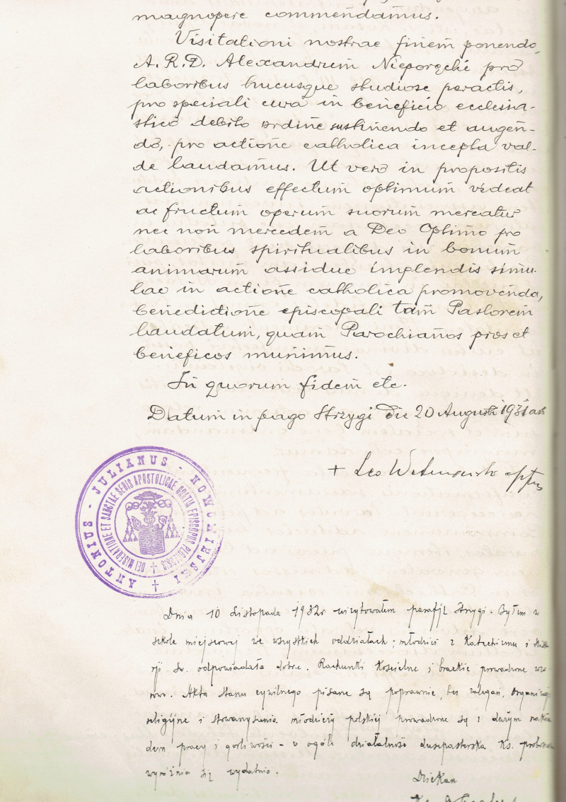 Podpis błogosławionego Biskupa Leona Wetmańskiego
Wizytacja biskupia w Strzygach w 1931
